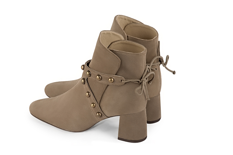 Tan beige women's ankle boots with laces at the back. Round toe. Medium flare heels. Rear view - Florence KOOIJMAN